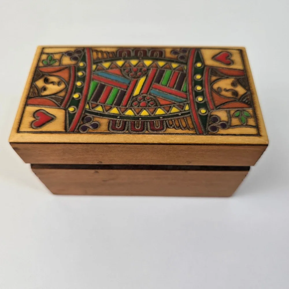 Polish Hand Painted Wood Playing Card Box Queen‎ of Hearts Folk Art Vintage